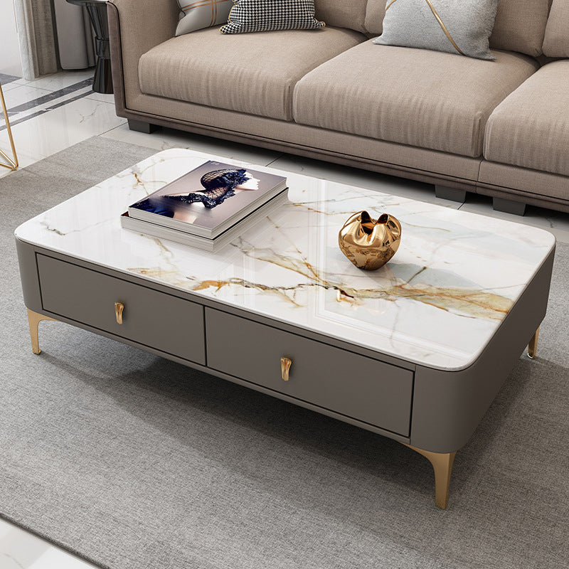 Modern Rectangular Stone Coffee Cocktail Table with Drawers, 47.2" W x 23.6" D x 15.7" H