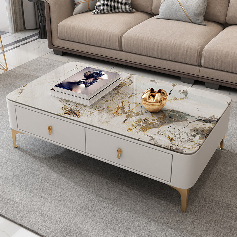 Modern Rectangular Stone Coffee Cocktail Table with Drawers, 47.2" W x 23.6" D x 15.7" H