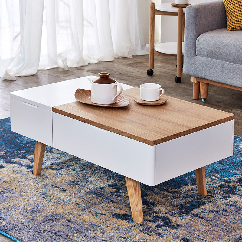 Retangular Natural Wood 4 Legs Coffee Table 1 Single Modern Cocktail Table with Drawers