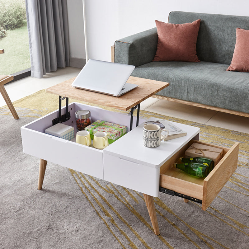 Retangular Natural Wood 4 Legs Coffee Table 1 Single Modern Cocktail Table with Drawers