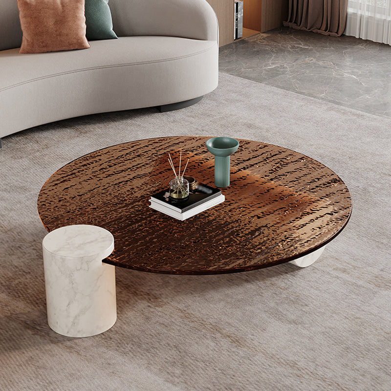 Modern Marble 2 Legs Coffee Table Round Glass Top Cocktail Table in Clear