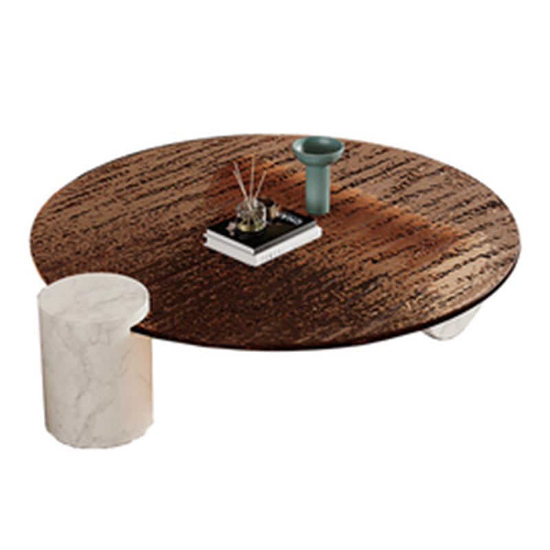 Modern Marble 2 Legs Coffee Table Round Glass Top Cocktail Table in Clear