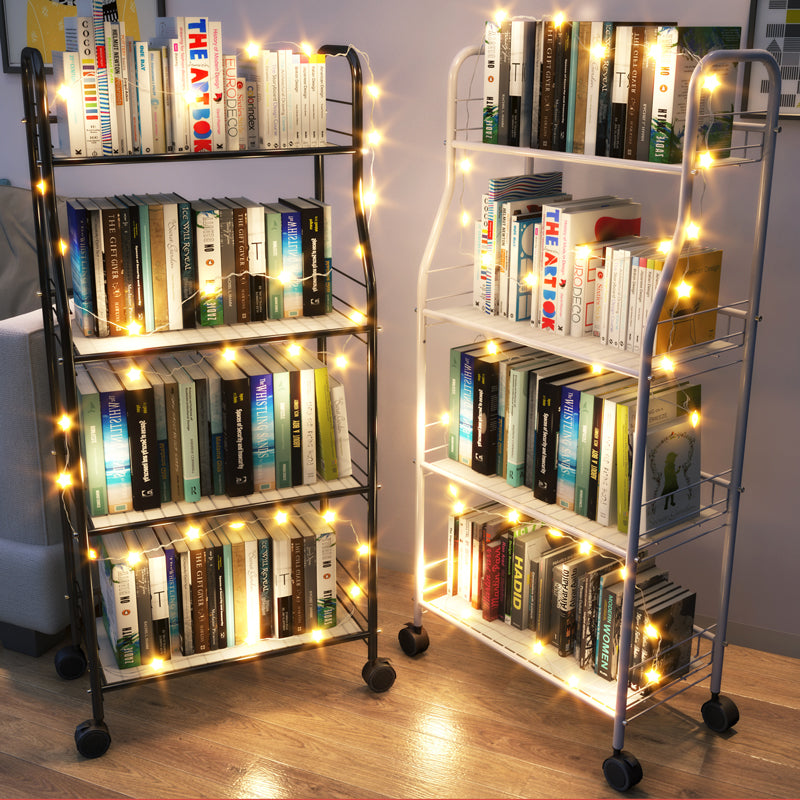 Modern Steel Bookshelf with Wheels Open Bookcase for Living Room