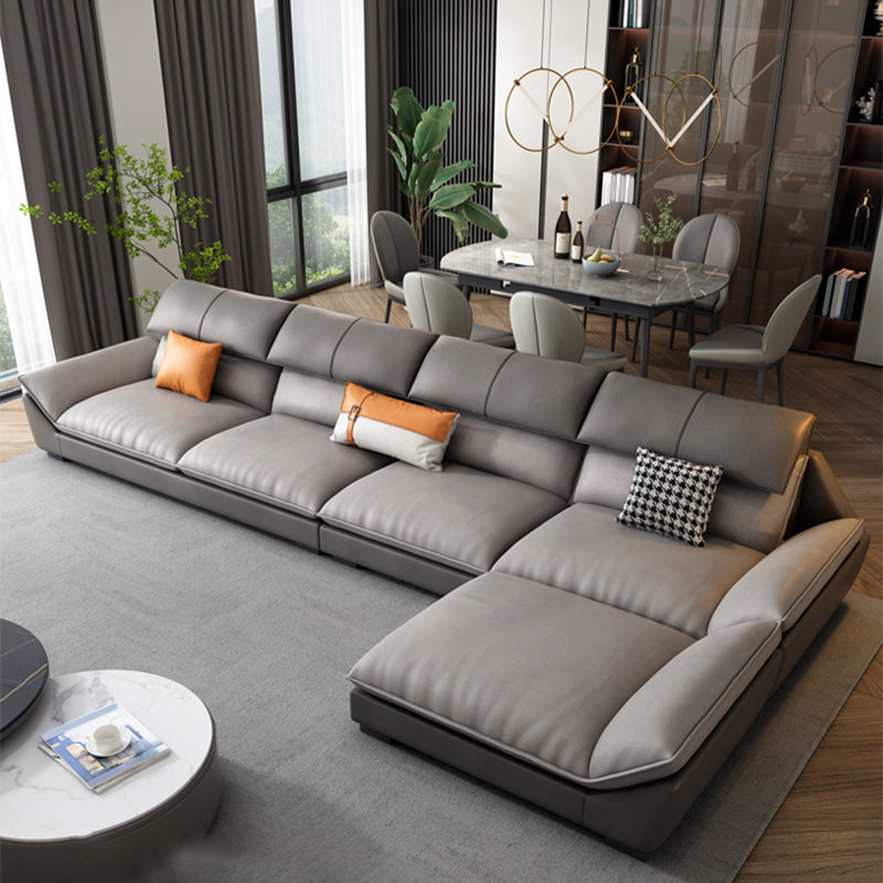 4-seat Faux Leather Retro Sofa & Chaise Grey Pillow Top Arm Sofa