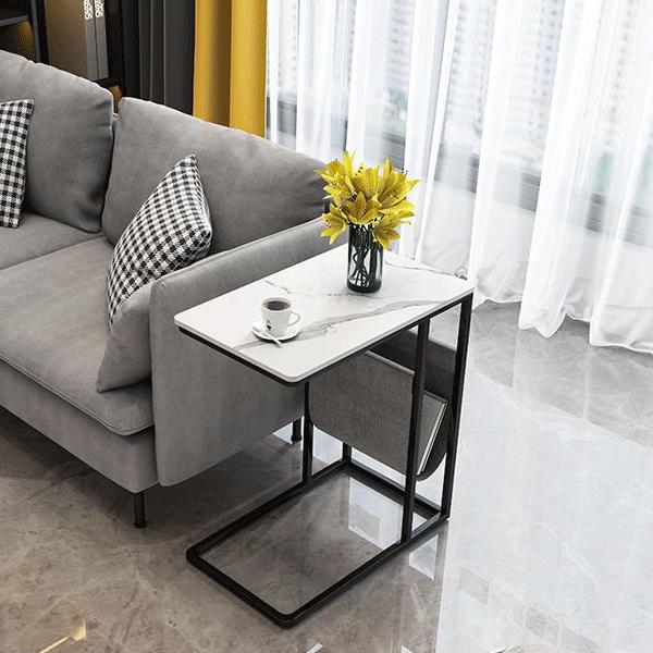 24.4" Tall Ironcraft C Side Table Rectangular Faux Marble Top End Table with Storage