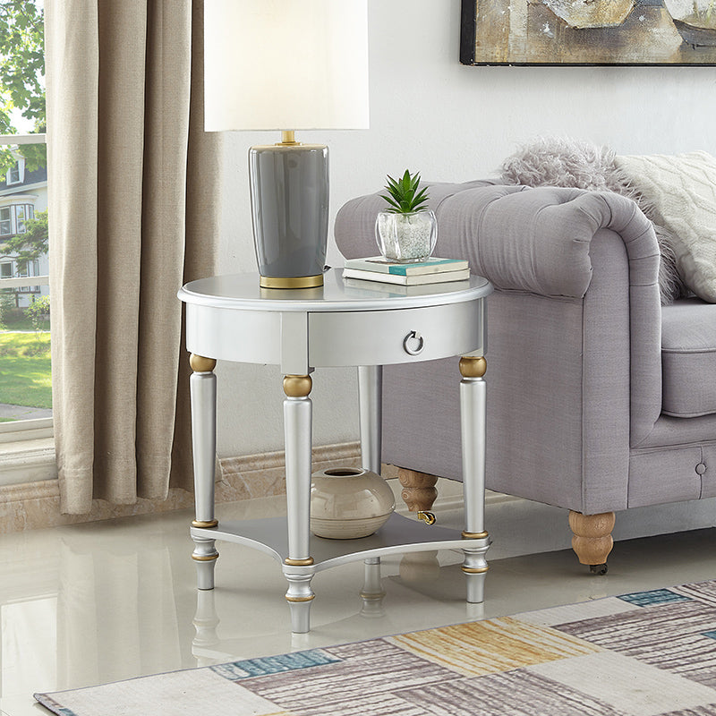 4 Legs Solid Oak Drawer Side Table Round End Table with Shelf