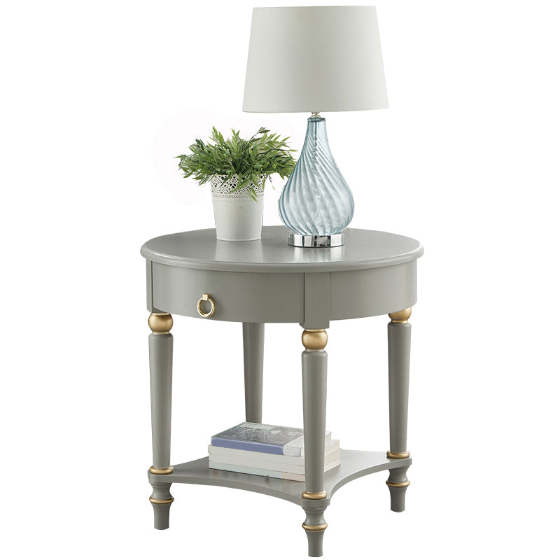 4 Legs Solid Oak Drawer Side Table Round End Table with Shelf