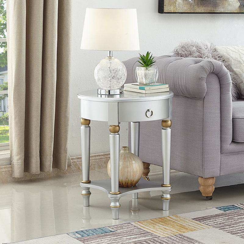 4 Legs Solid Oak Drawer Side Table Round End Table with Shelf