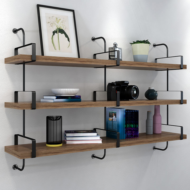 Contemporary Pine Solid Wood Bookcase Wall Mounted Metal Frame Closed Back Bookshelf