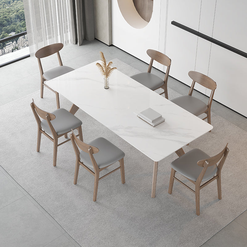 Modern Sintered Stone White Table Dining Table with Wooden Base and 4 Legs