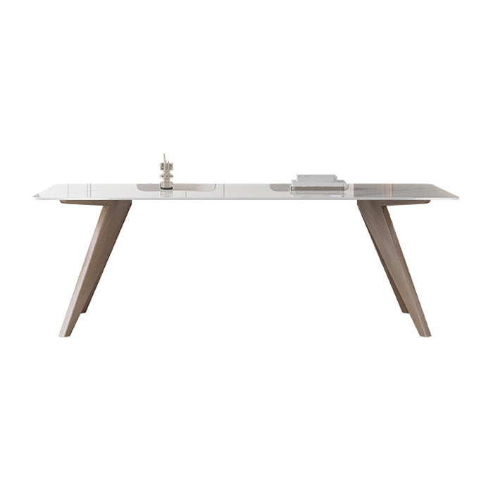 Modern Sintered Stone White Table Dining Table with Wooden Base and 4 Legs