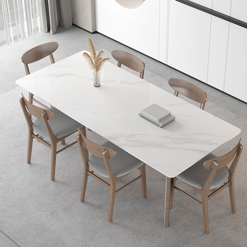 Modern Sintered Stone White Table Dining Table with Wooden Base and 4 Legs