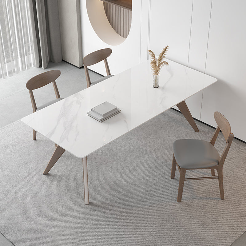 Modern Sintered Stone White Table Dining Table with Wooden Base and 4 Legs