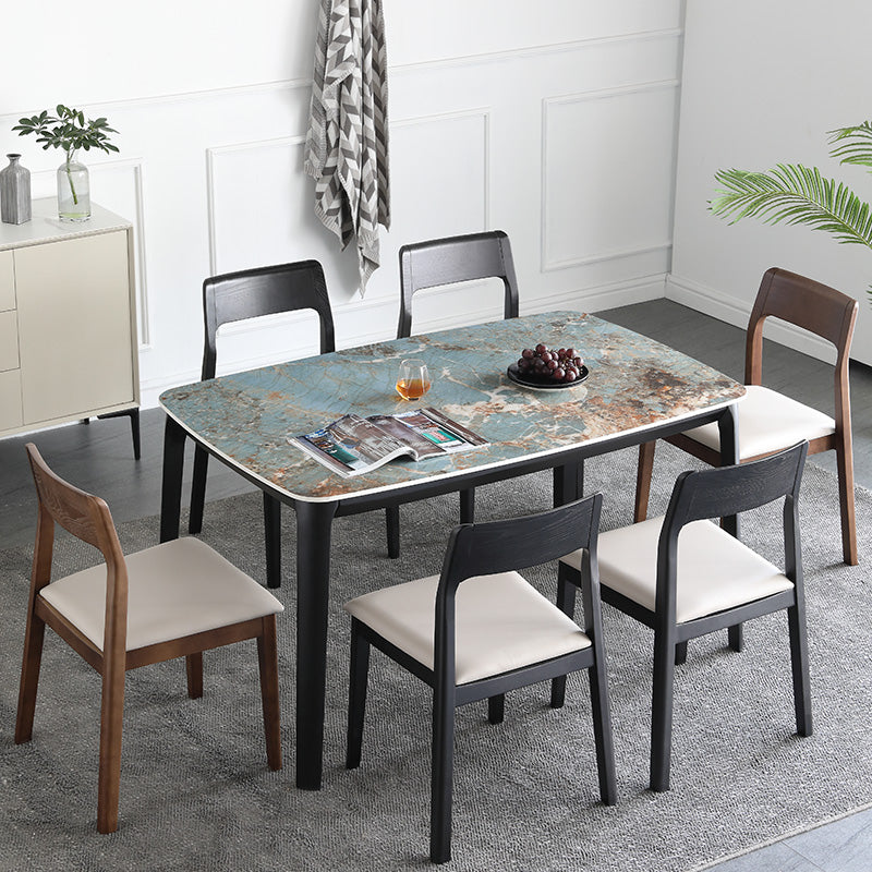 Sintered Stone Top Blue Table Modern Dining Table with Wooden Base and 4 Legs