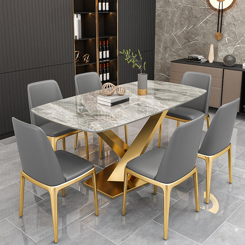Gray Sintered Stone Dining Table Traditional Luxury Dining Table with Gold Frame