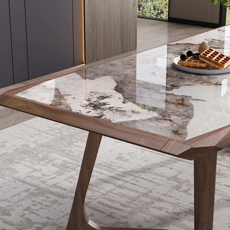 Modern Brown Finish Legs Dining Site Table Stone Top Double Pedestal Table