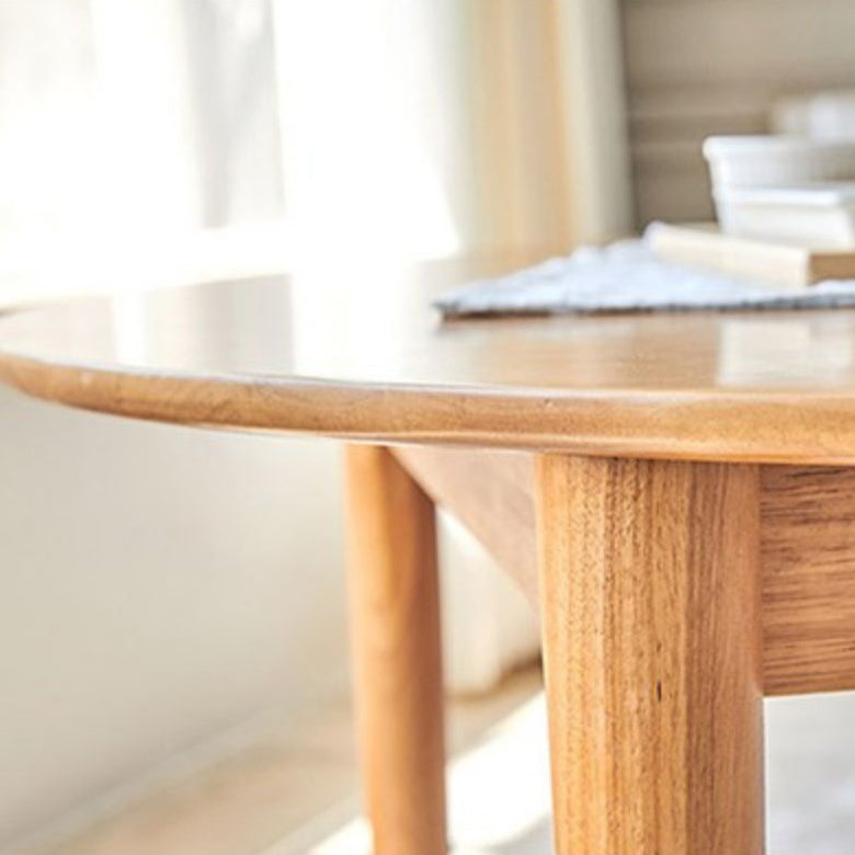 Round Dining Table Modern 4 Legs Wood Color Fixed Table of Solid Wood