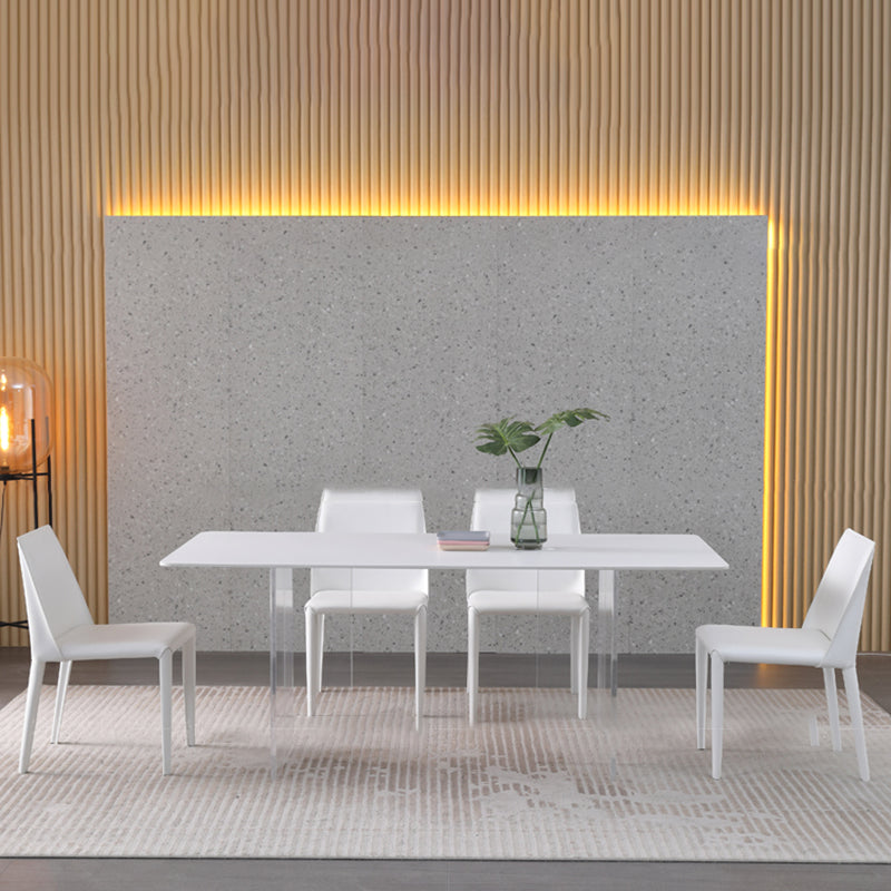 Modern Sintered Tone Top Dining Table Rectangle White with Acrylic Double Pedestal