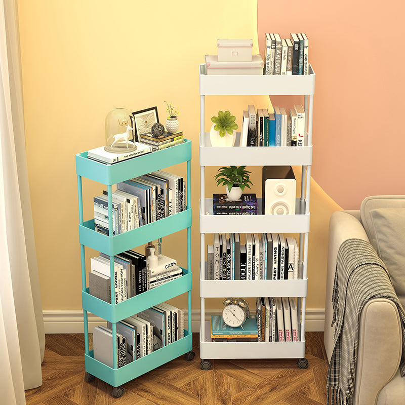 Contemporary Plastic Geometric Bookcase Open Back Bookshelf with Wheels
