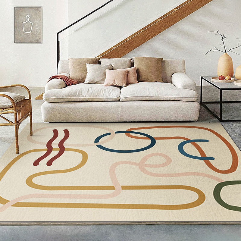 Beige Abstract Line Rug Polyester Simple Rug Washable Rug for Living Room