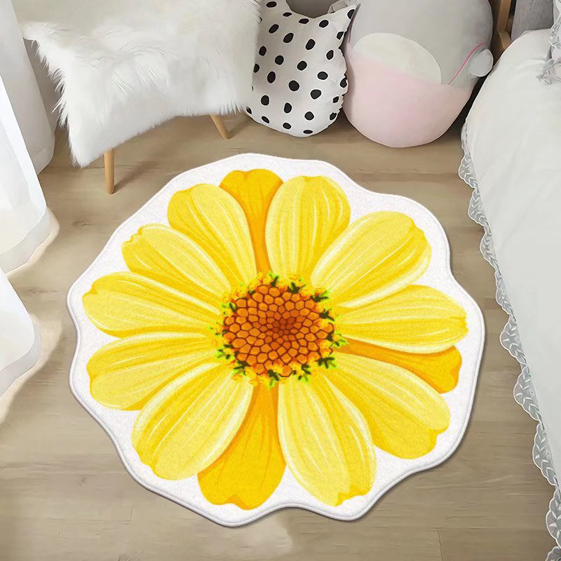 Yellow Casual Rug Polyester Flower Area Rug Non-Slip Backing Rug for Living Room
