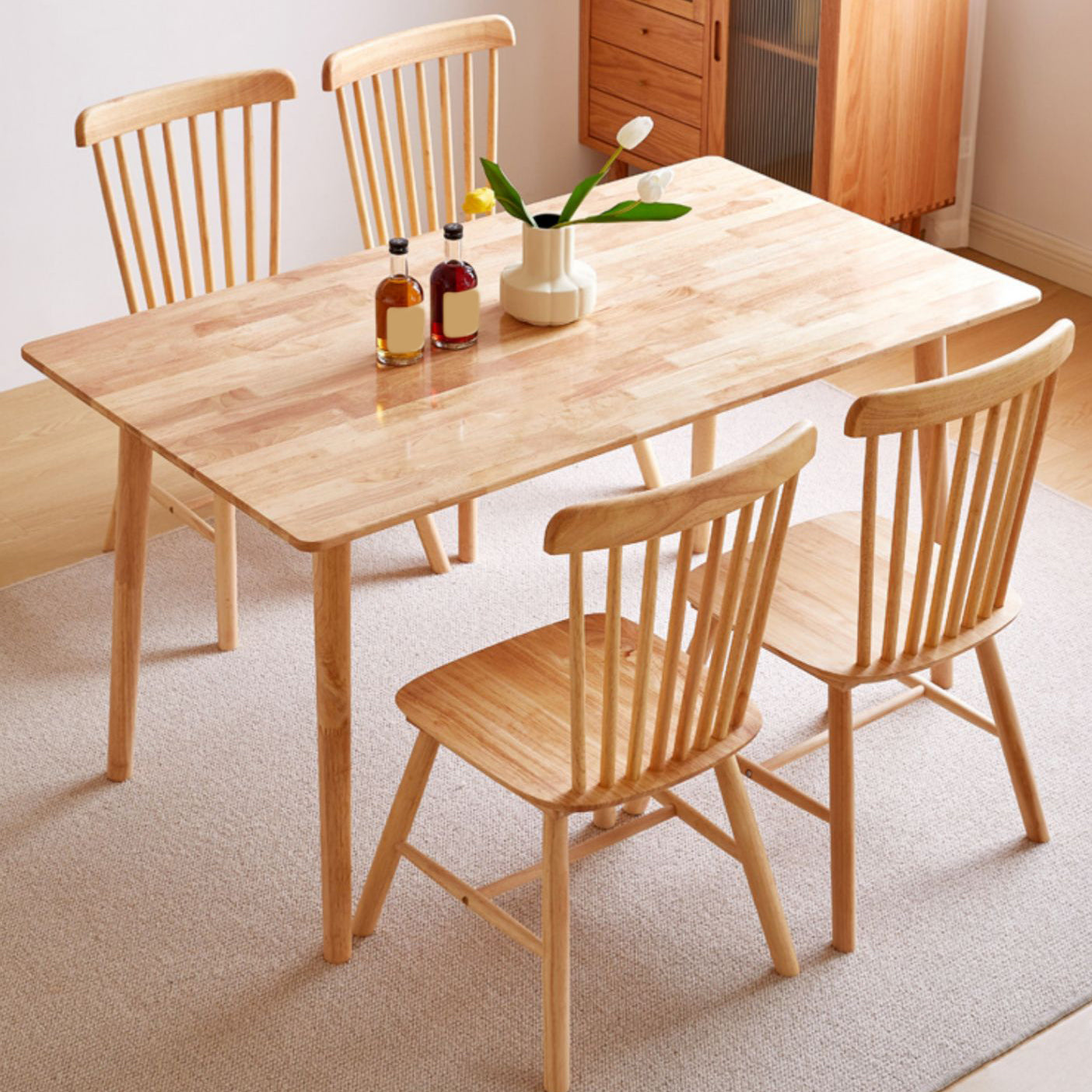 Minimalist Rubberwood Table and Chair Set 1/2/5/7 Pieces Rectangular Dining Table Set
