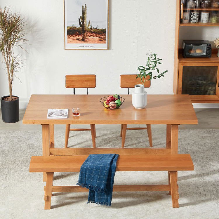 Contemporary Trestle Base Dining Table Rectangle Solid Wood Table