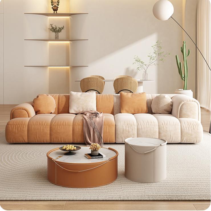 Contemporary Sewn Pillow Back Recessed Arm Sofa Couch in Orange/white