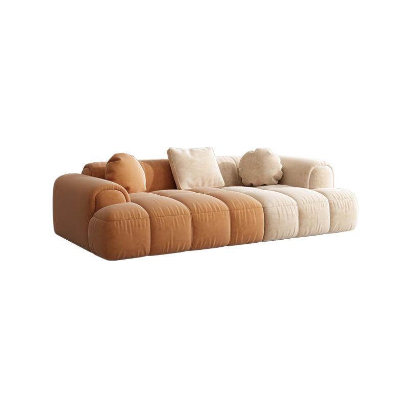Contemporary Sewn Pillow Back Recessed Arm Sofa Couch in Orange/white