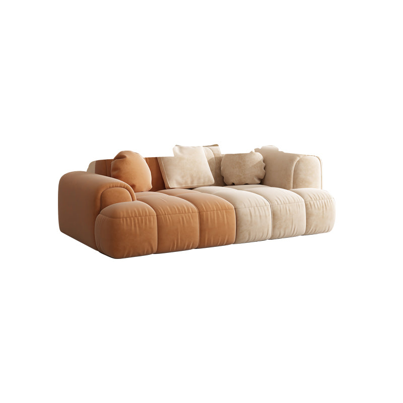 Contemporary Sewn Pillow Back Recessed Arm Sofa Couch in Orange/white