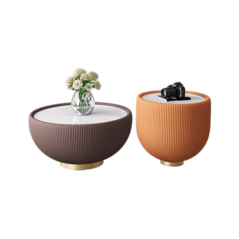 Square Block Base Cocktail Table Rock Plate Desktop Round Coffee Table with Metal Base