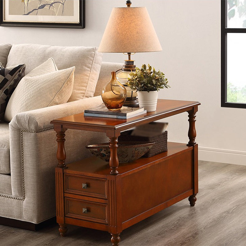 23.6"Tall Rustic Solid Oak Drawer End Table 4 Legs Rectangular Side Table