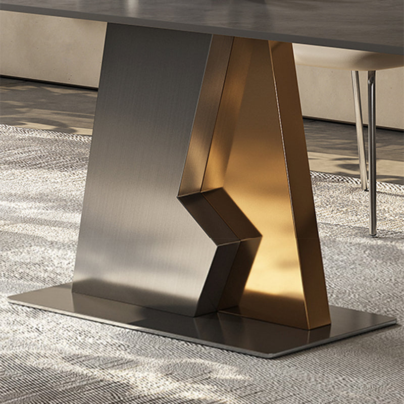 Industrial Sintered Stone Dining Table in Grey Rectangle Dining Table with Pedestal Base