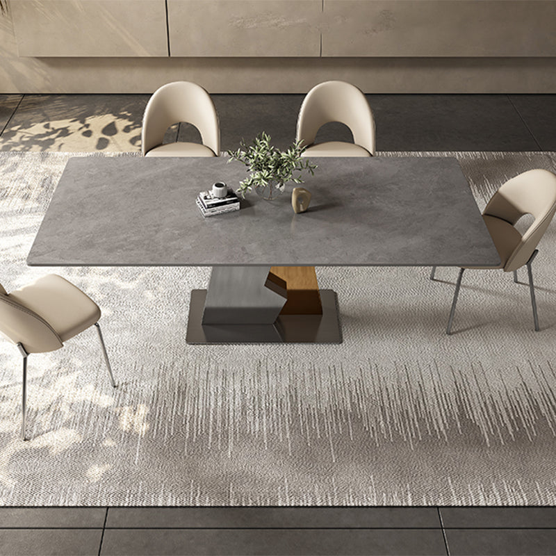 Industrial Sintered Stone Dining Table in Grey Rectangle Dining Table with Pedestal Base