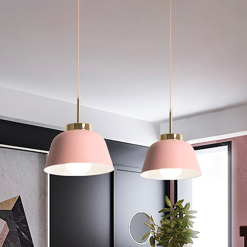 Salle à manger 1-Light Pendant Macaron Style Pink Finish Sanging Plafond Lampe avec Bowl Fer Shade