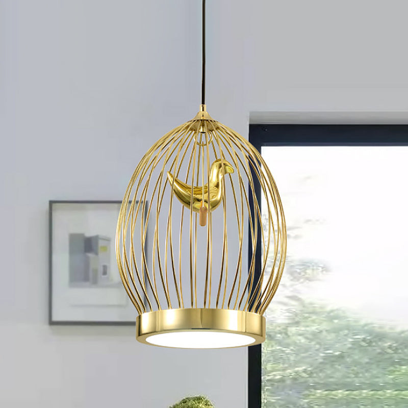 Global Cage Metallic Hanging Light Fixture Modern 1-Head Gold Finish Suspended Pendant Lamp with Bird Deco