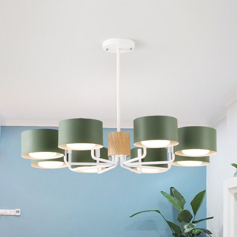 8 Heads Living Room Chandelier Modernist Grey/Green/White Finish Radial Pendant Light with Drum Iron Shade