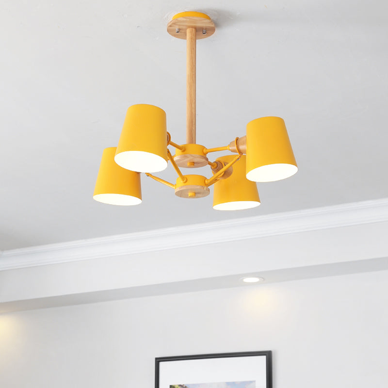 Pink/Yellow Barrel Semi Flush Lighting Macaron 4-Light Metal Flush Mounted Ceiling Lamp with Wood Rod