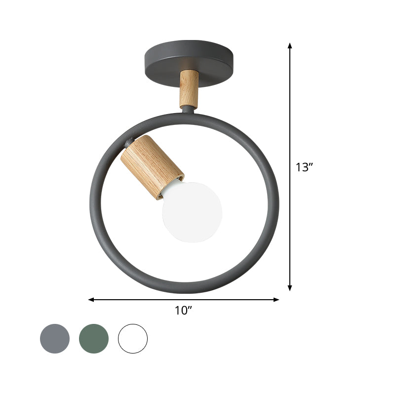 Circle Metal Flushmount Lighting Simple 1 Bulb Grey/Green/White Semi Close to Ceiling Lamp with Tube Wood Arm