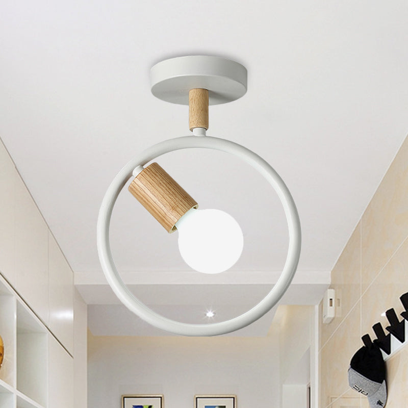 Circle Metal Flushmount Lighting Simple 1 Bulb Grey/Green/White Semi Close to Ceiling Lamp with Tube Wood Arm