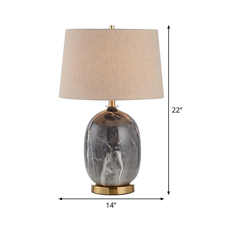 Luz de mesa de barril de lino moderno 1 lámpara de escritorio de tela de bulbo con base de mármol gris oblonga