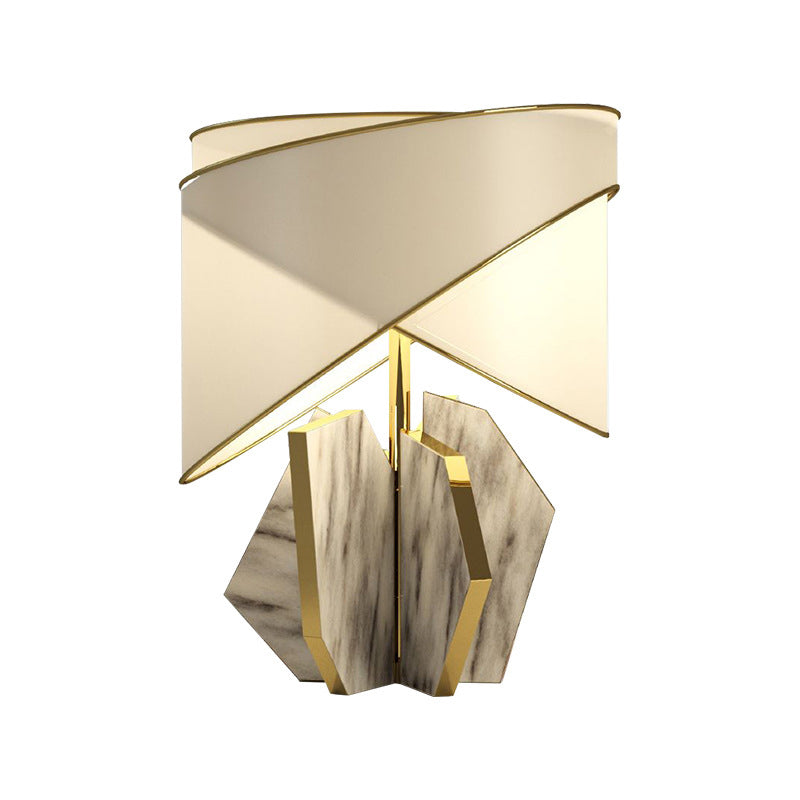 Fabric Shaded Table Lamp Modernist 1 Bulb Gold Desk Light with Gray Geometric Marble Base