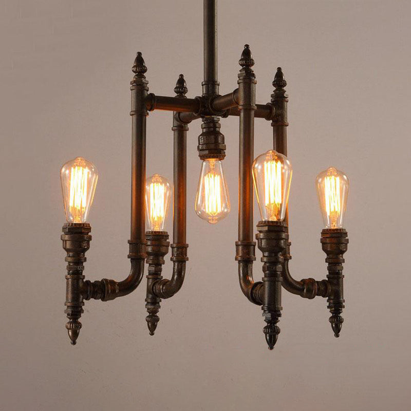 Rust 5 Bulbs Chandelier Lighting Antiqued Metallic Radial Pipe Ceiling Hang Fixture for Living Room