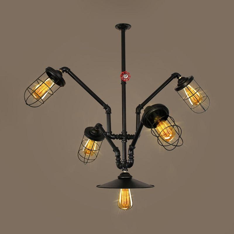 Abstract Pipe Living Room Pendant Vintage Metallic 5-Light Black Hanging Chandelier with Wire Cage