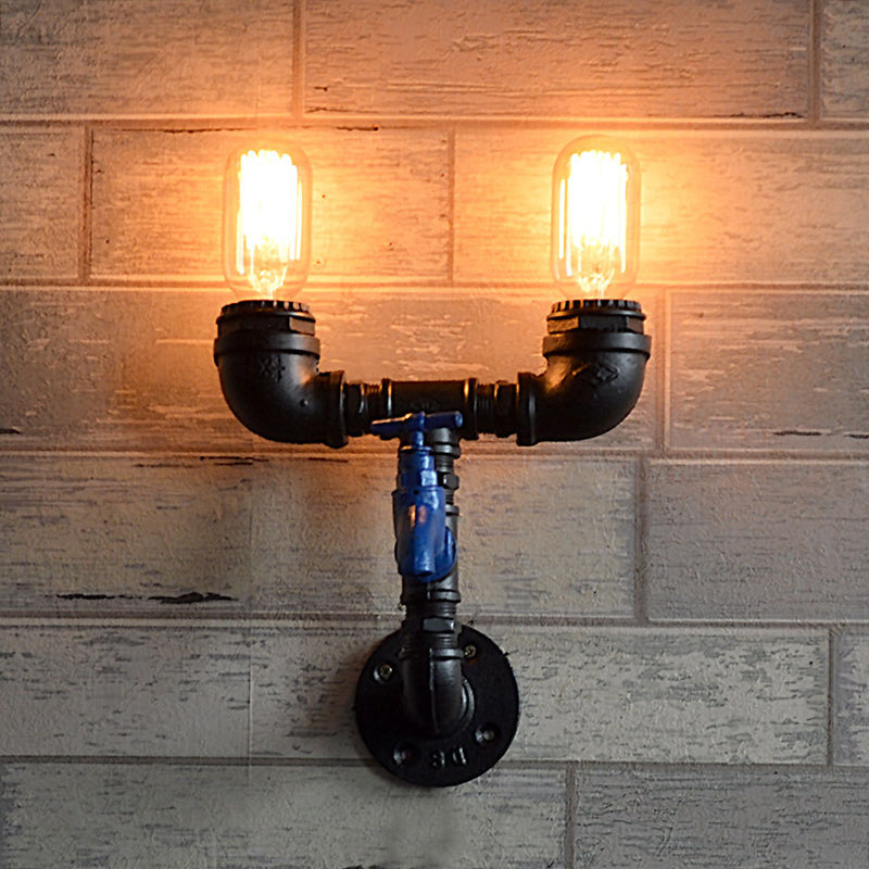 Piping Iron Wall Mount Light Industrial 2 Lights Corridor Sconce Lamp Fixture in Black with Water Tap Deco