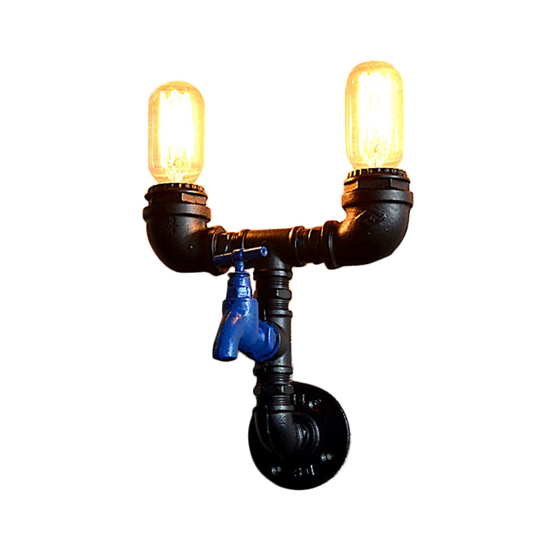 Piping Iron Wall Mount Light Industrial 2 Lights Corridor Sconce Lamp Fixture in Black with Water Tap Deco