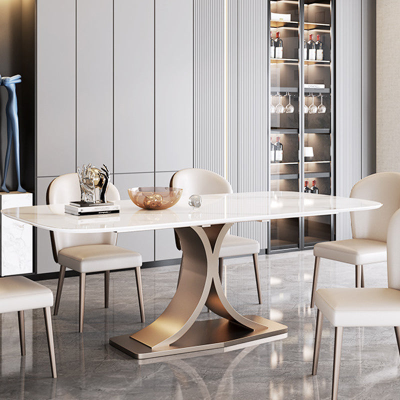 Stone Glam Rectangle Dining Table White Top Pedestal Table for Home