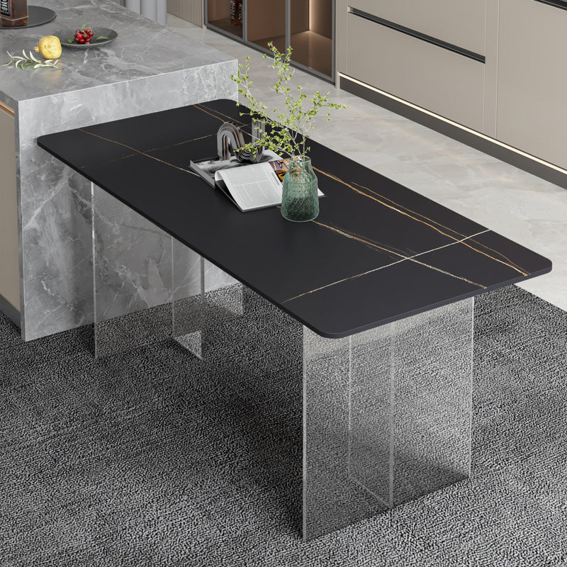 Modern Rectangle Sintered Stone Top DiningTable with Clear Acrylic Double Pedestal