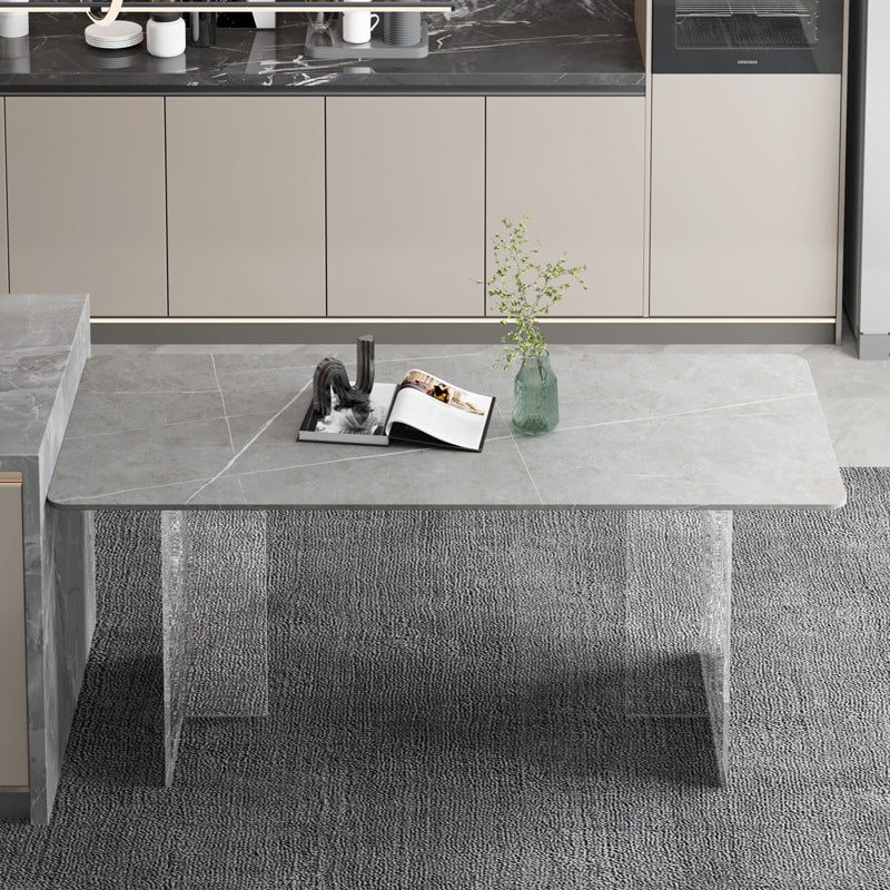 Modern Rectangle Sintered Stone Top DiningTable with Clear Acrylic Double Pedestal