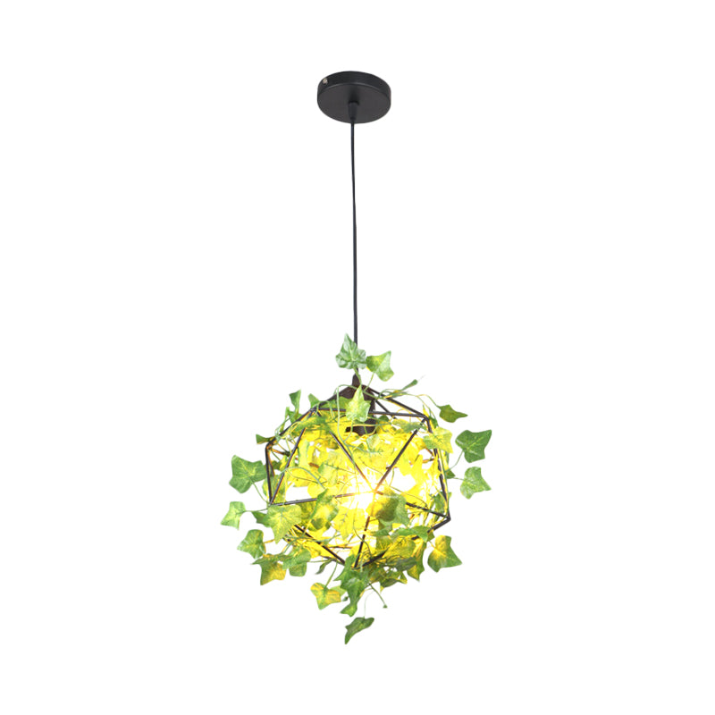 Geometric Restaurant Pendant Ceiling Light Retro Metal 1 Head Black LED Drop Lamp with Plant Decor